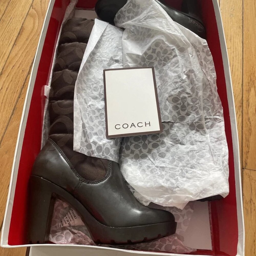 COACH Loryn Rain Boots Quilted High Heel Brown Logo Fabric SZ 5 1/2 - in box - Picture 9 of 14